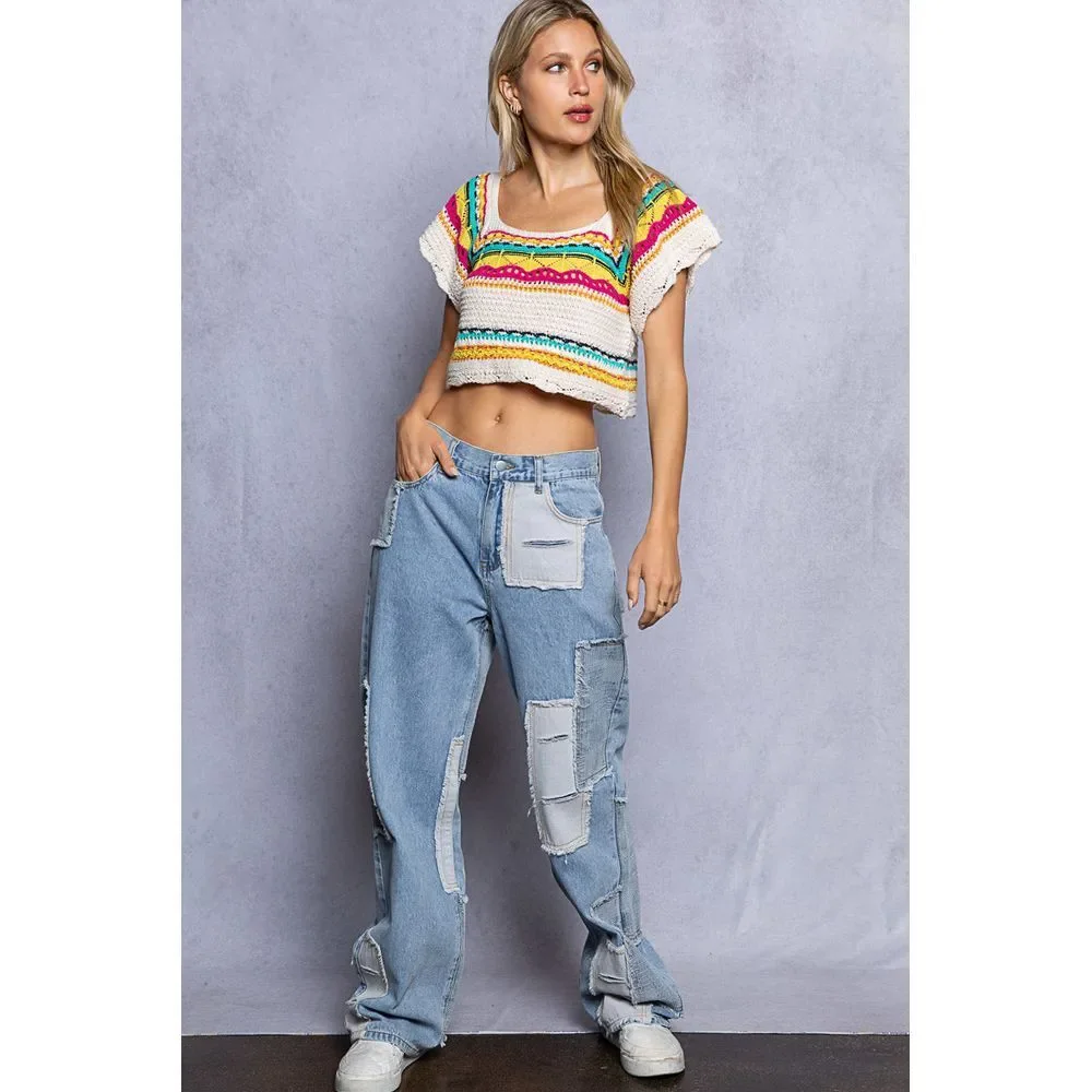 POL Crochet Crop Top Rainbow Striped Boho Festival Square Neck Summer Top Size M